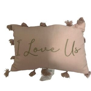 "I Love Us" Embroidered Tassel Lumbar Pillow - Blush Pink